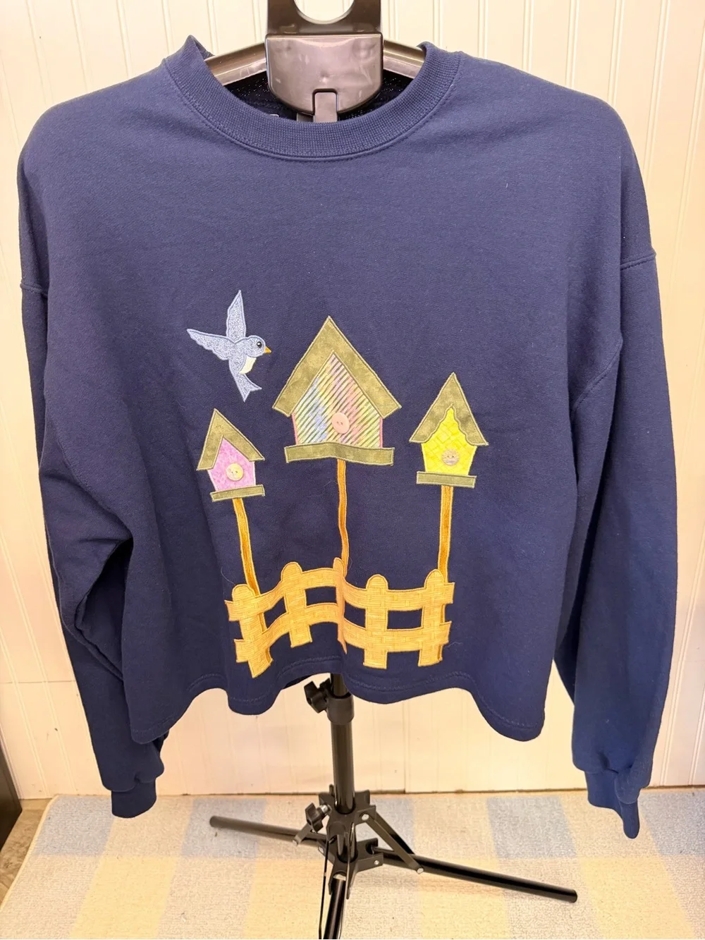 VINTAGE Navy Sweatshirt with Yellow & Pink Birdhouse Appliqués